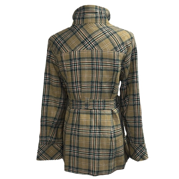 U) Plaid Zip-Up Jacket with Tie-Up Waist - Tan Black Blue Pink - Size Large - Picture 2 of 7